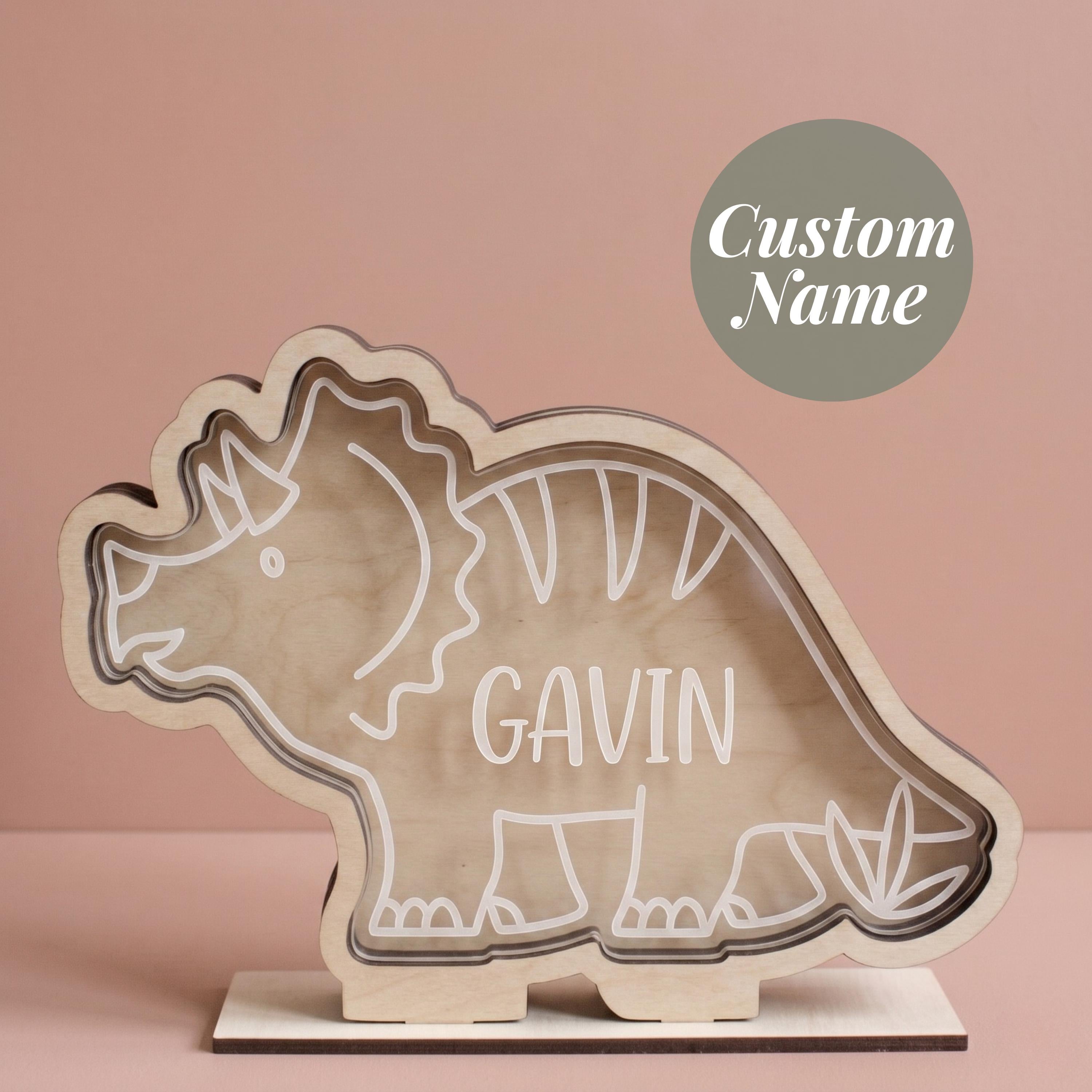 Personalized Dinosaur Piggy Bank with Custom Name Wooden Money Bank Wood and Acrylic Coin Bank for Kids Dino Nursery Decor Birthday Gift