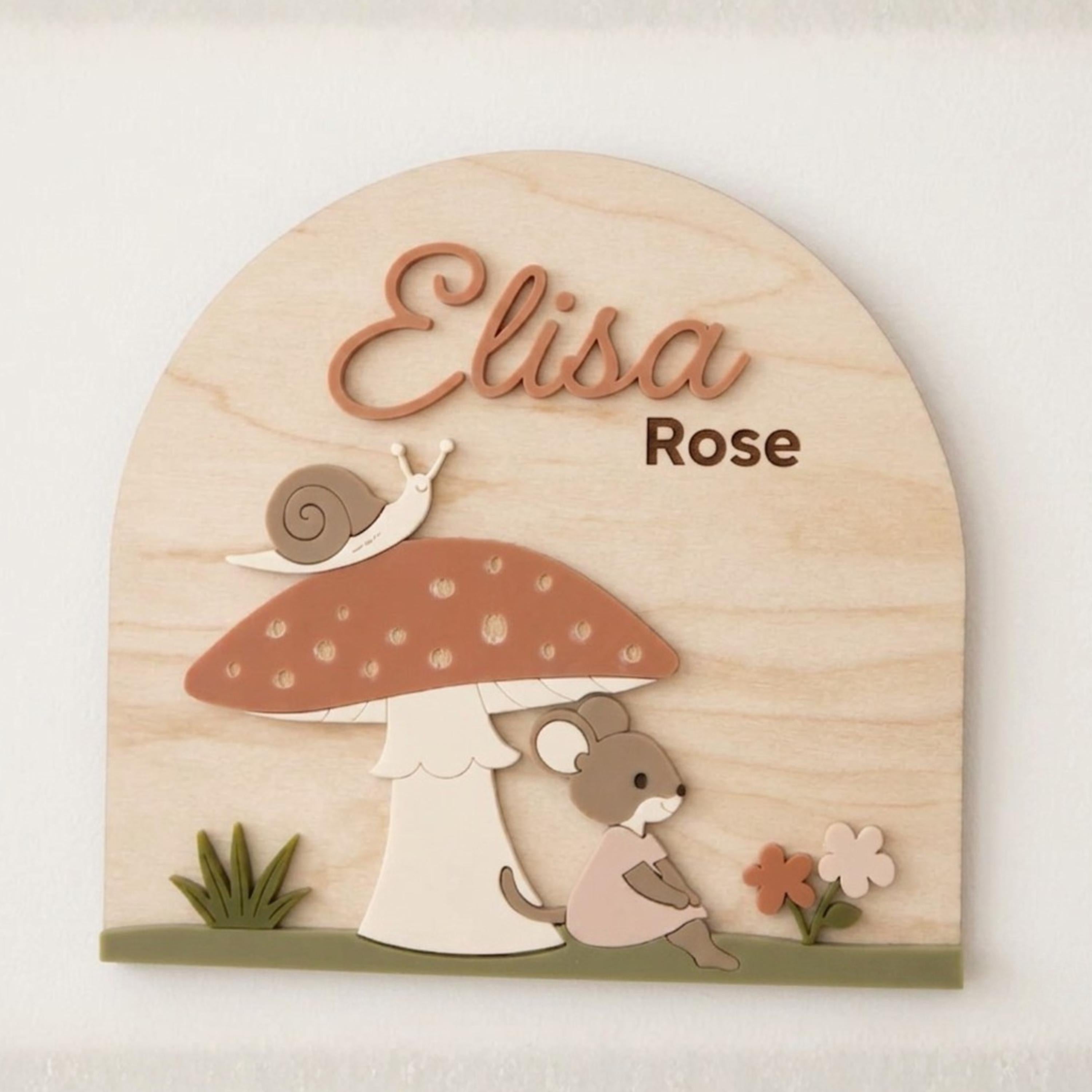 Personalized Woodland Nursery Name Sign Custom Kids Room Wall Art Wooden Name Plaque Little Mouse Playroom Decor Baby Name Sign