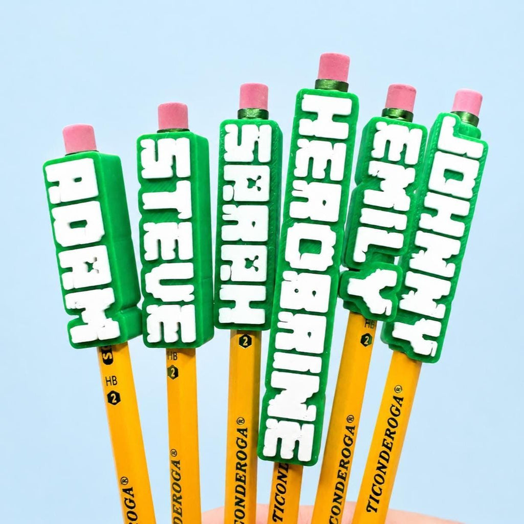 Custom Pencil Topper Personalized Name Gift Student School Supply Essential Back To School Desk Accessory Classroom Writing Tool Kid Stationery Holder Eraser Style Cap Bold Text Design Multiple Color Options Standard Pencil Fit Four Style