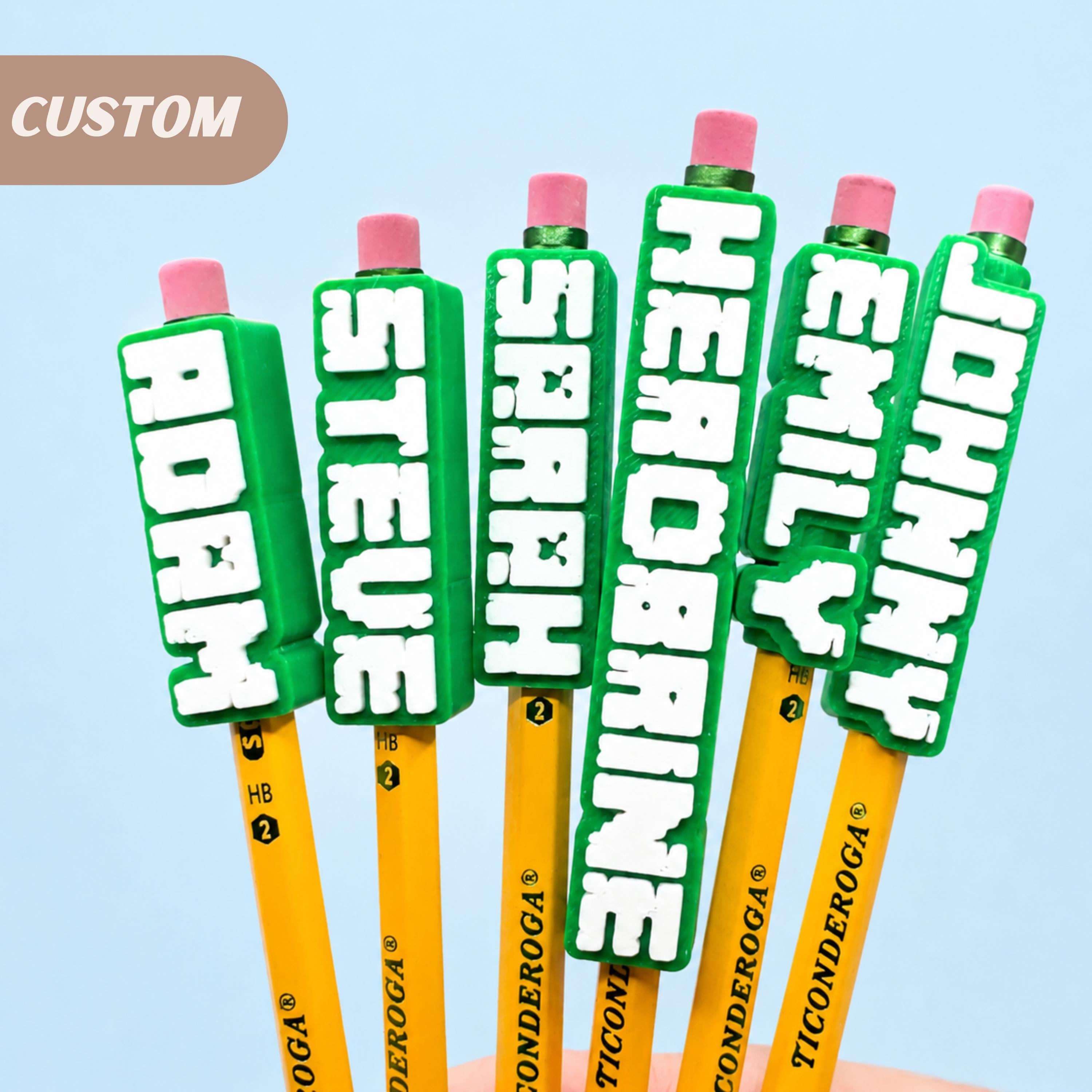 Custom Personalized Pencil Topper Name Label Back To School Student Gift Classroom Organization Desk Accessories Fun Kid Stationery Writing Tools Durable PLA Construction Eraser Style Design Multiple Color Options Perfect Birthday Party