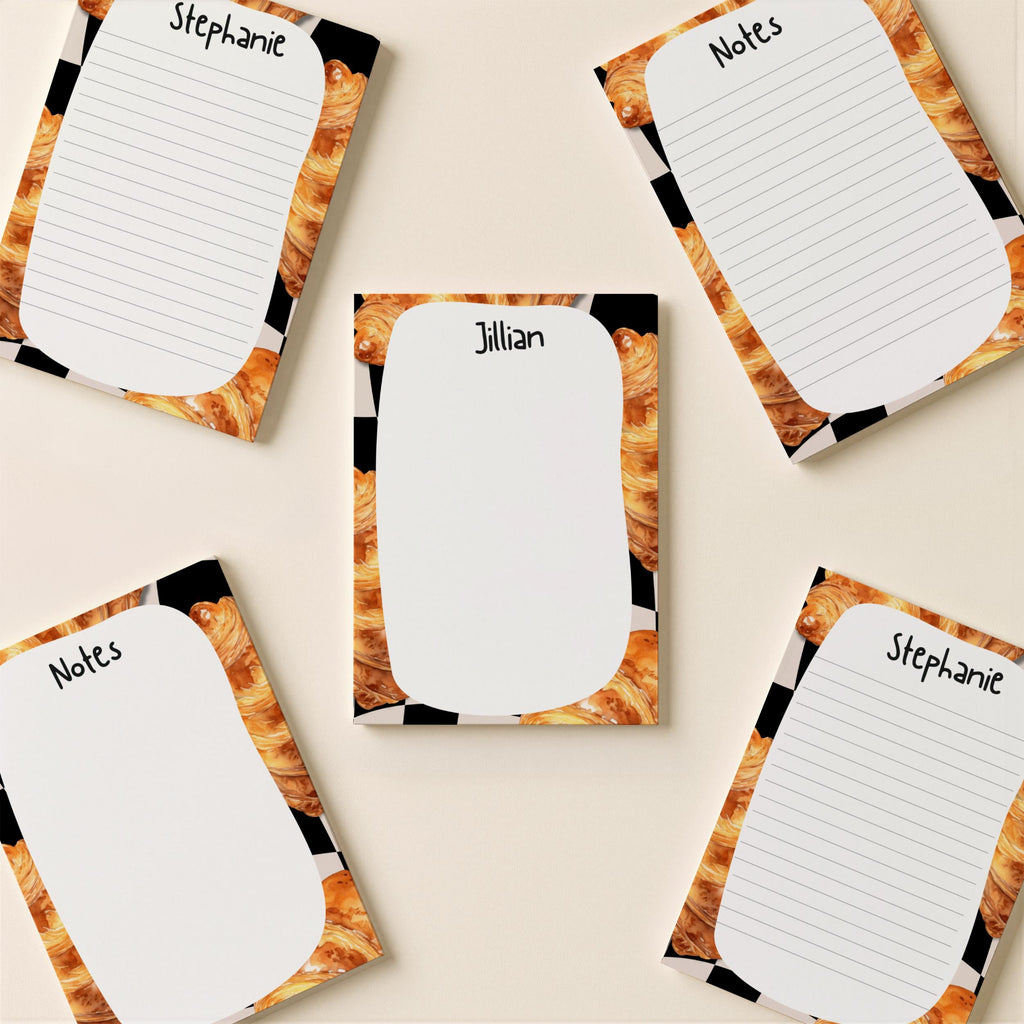 Personalized Croissant Notepad Custom Name Memo Pad Teacher Gift Stationery Baker Kitchen Writing Paper Black Checkered Border Design Lined Grocery List Organizer Daily Task Planner Back To School College Supply French Bakery Theme Office