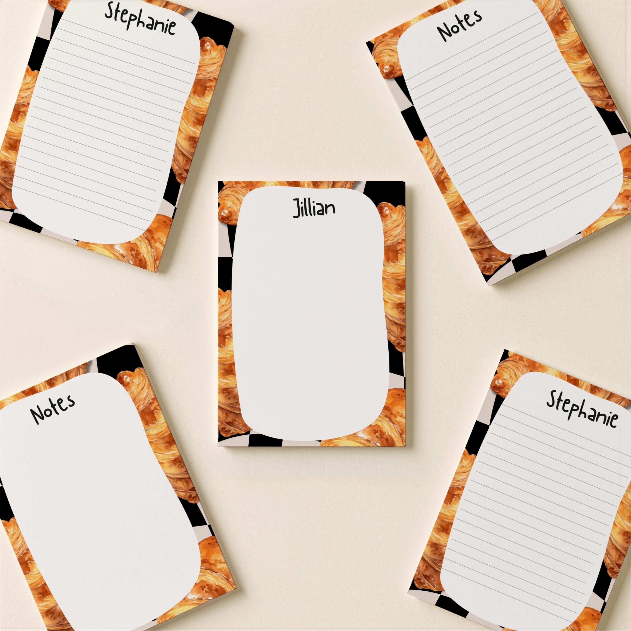 Personalized Croissant Notepad Custom Name Memo Pad Teacher Gift Stationery Baker Kitchen Writing Paper Black Checkered Border Design Lined Grocery List Organizer Daily Task Planner Back To School College Supply French Bakery Theme Office