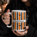 Personalized Halloween Mug Custom Name Ceramic Coffee Cup Orange Black Stripe Pattern Bat Design Stars Decorative Banner Perfect Spooky Season Gift Dishwasher Safe Microwave Safe Kitchen Drinkware Autumn Celebration Party Favor Hostess Gift