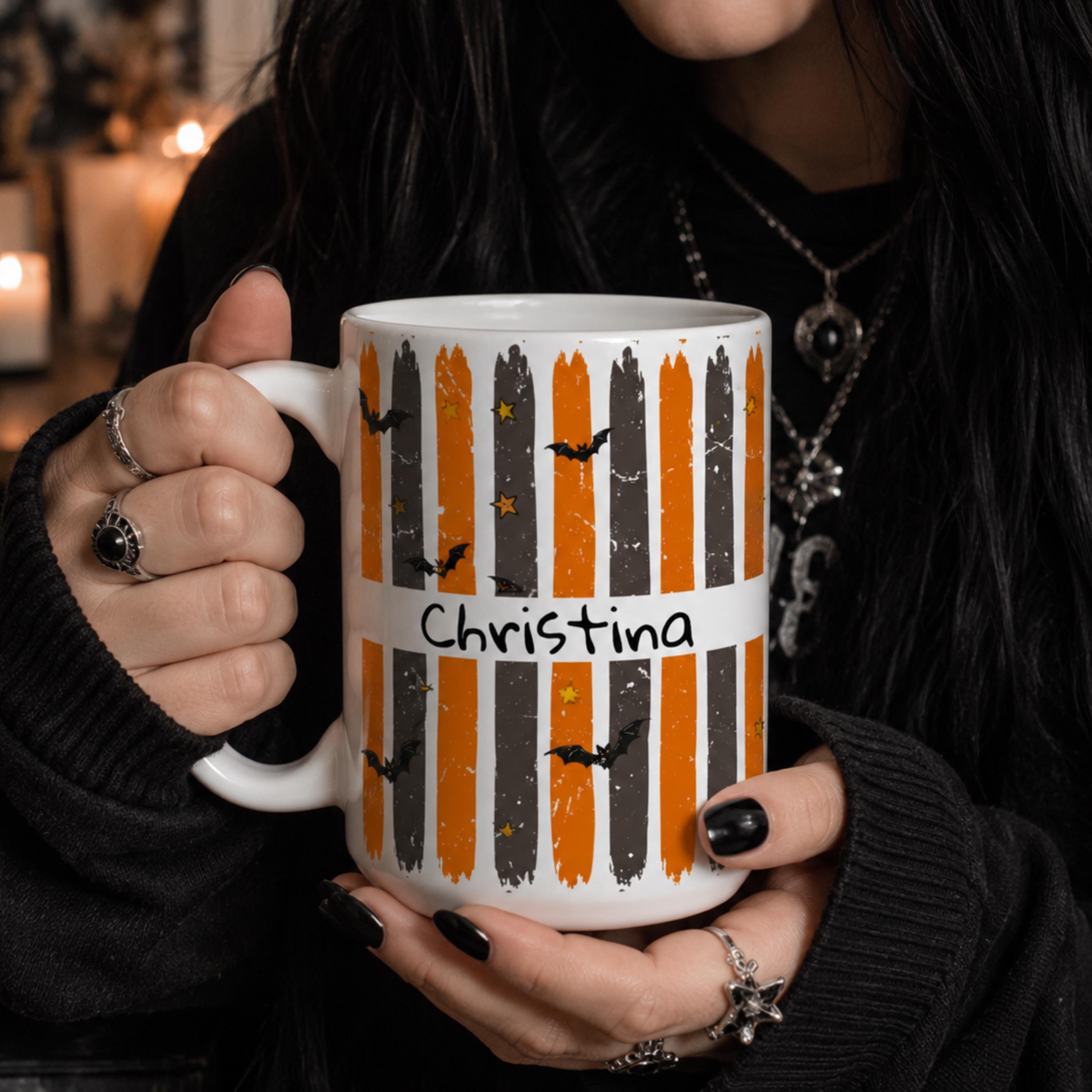 Personalized Halloween Mug Custom Name Ceramic Coffee Cup Orange Black Stripe Pattern Bat Design Stars Decorative Banner Perfect Spooky Season Gift Dishwasher Safe Microwave Safe Kitchen Drinkware Autumn Celebration Party Favor Hostess Gift