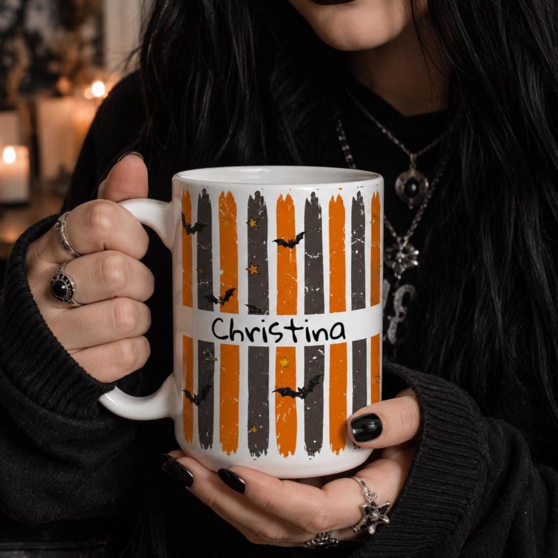 Halloween Coffee Mug Custom Name Personalized Ceramic Cup Orange Black Distressed Stripe Design Bat Silhouettes Star Accents Decorative Name Banner Spooky Season Drinkware Perfect Party Favor Gift Dishwasher Microwave Safe Kitchen Essential