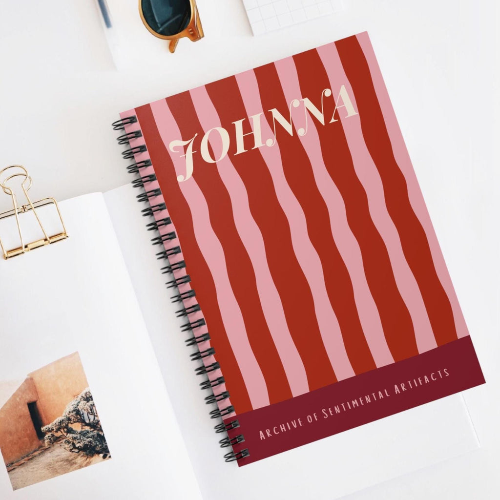 Personalized Hardcover Journal for Notes Writing Pad Lined Pages Custom Name Retro Aesthetic Stripe Pink Vintage Gift Idea Nostalgic