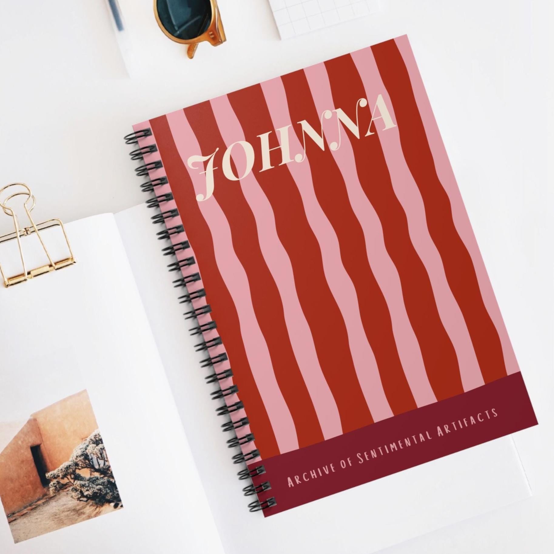 Personalized Hardcover Journal for Notes Writing Pad Lined Pages Custom Name Retro Aesthetic Stripe Pink Vintage Gift Idea Nostalgic
