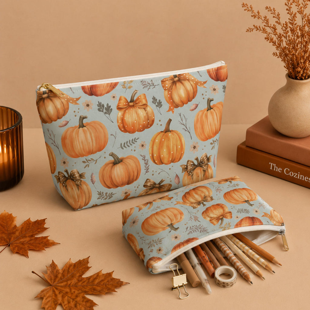 Coquette Pumpkin Makeup Bag-Fall Cosmetic & Travel Zipper Pouch