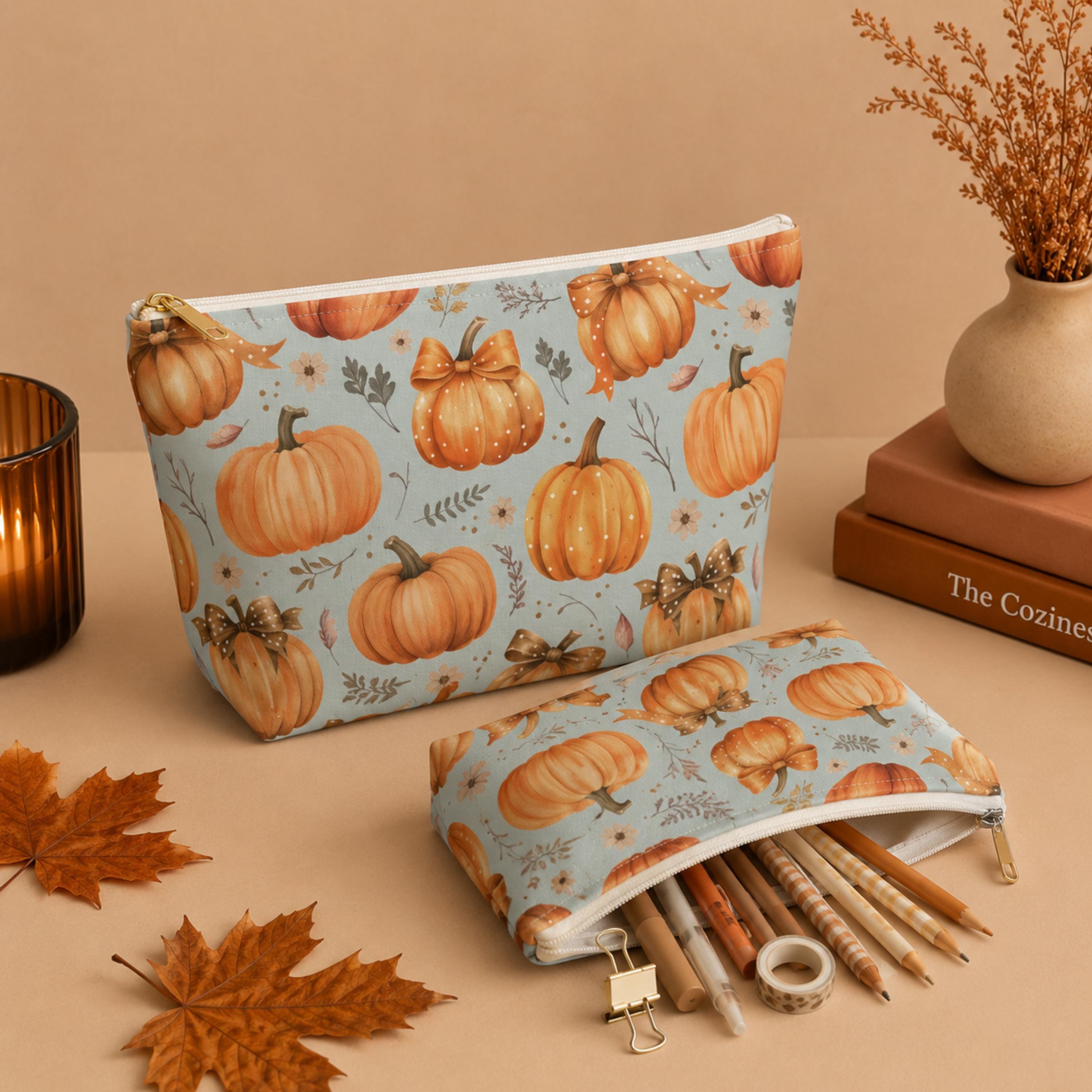 Coquette Pumpkin Makeup Bag-Fall Cosmetic & Travel Zipper Pouch