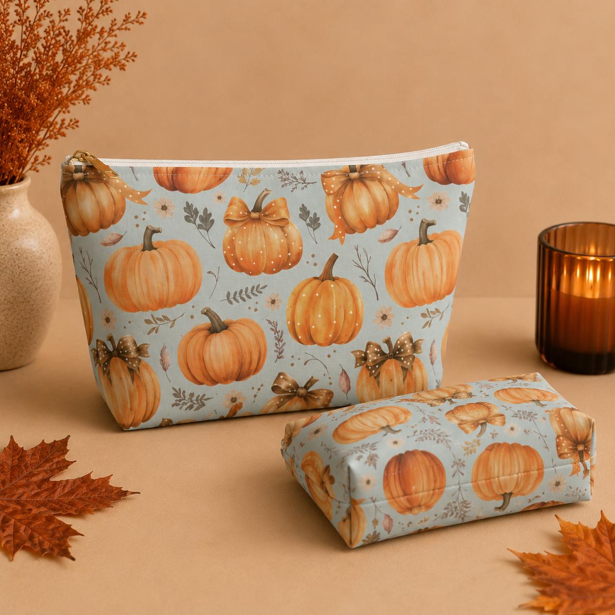 Coquette Pumpkin Makeup Bag-Fall Cosmetic & Travel Zipper Pouch