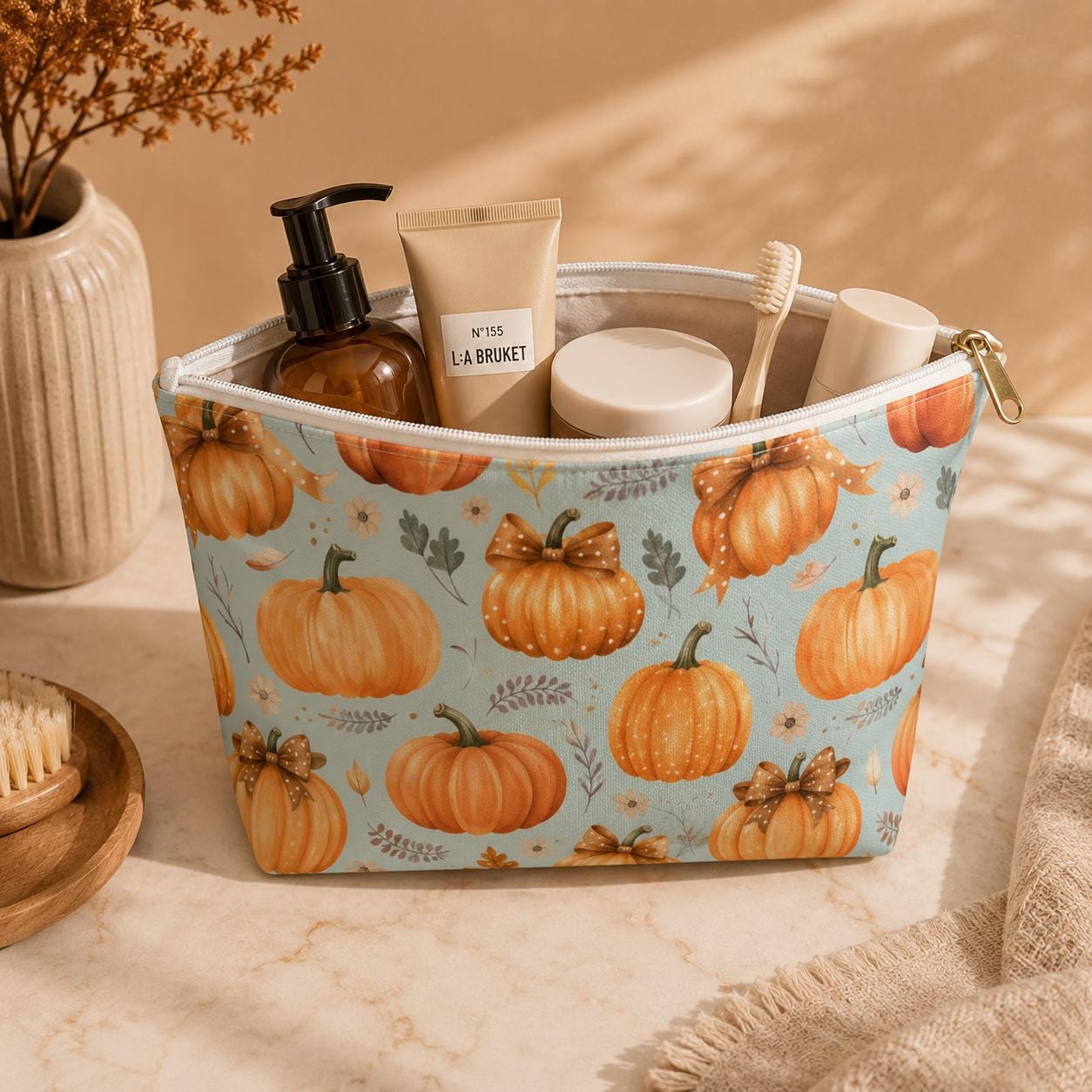 Coquette Pumpkin Makeup Bag-Fall Cosmetic & Travel Zipper Pouch