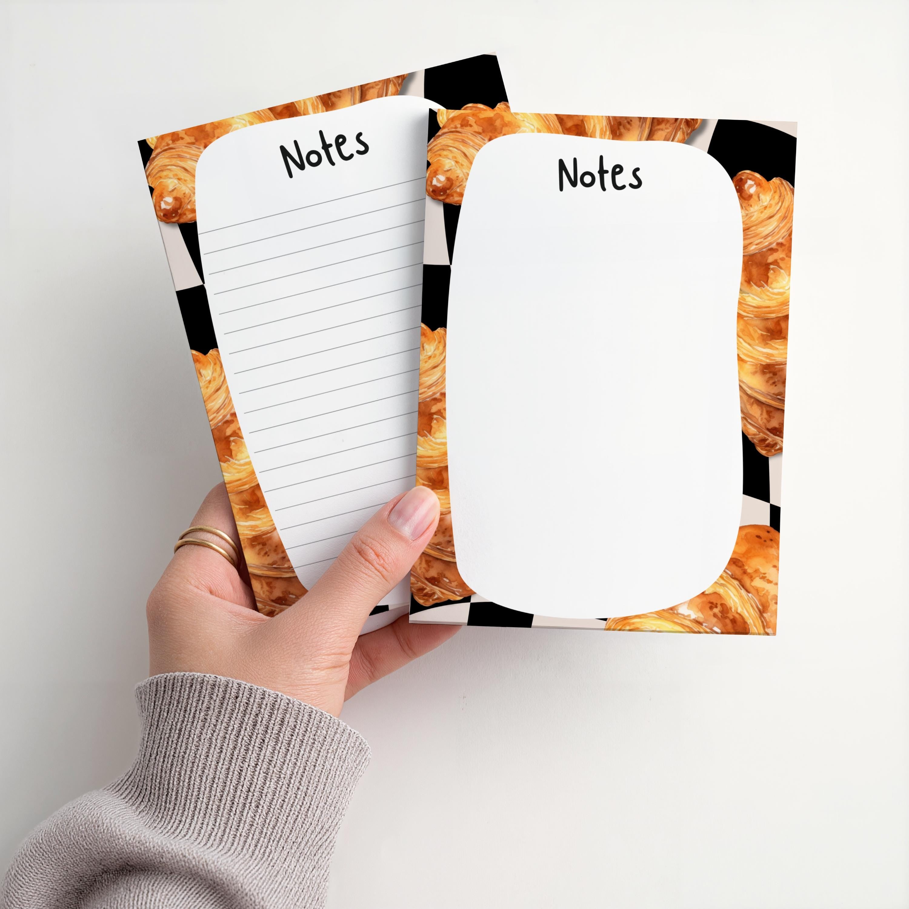 Custom Memo Pad Croissant Design Personalized Teacher Gift Stationery Baker Kitchen Notepad Black Stripe Border Lined Writing Paper Grocery List Pad Daily Organization Planner Back To School Supply College Teacher Present French Pastry