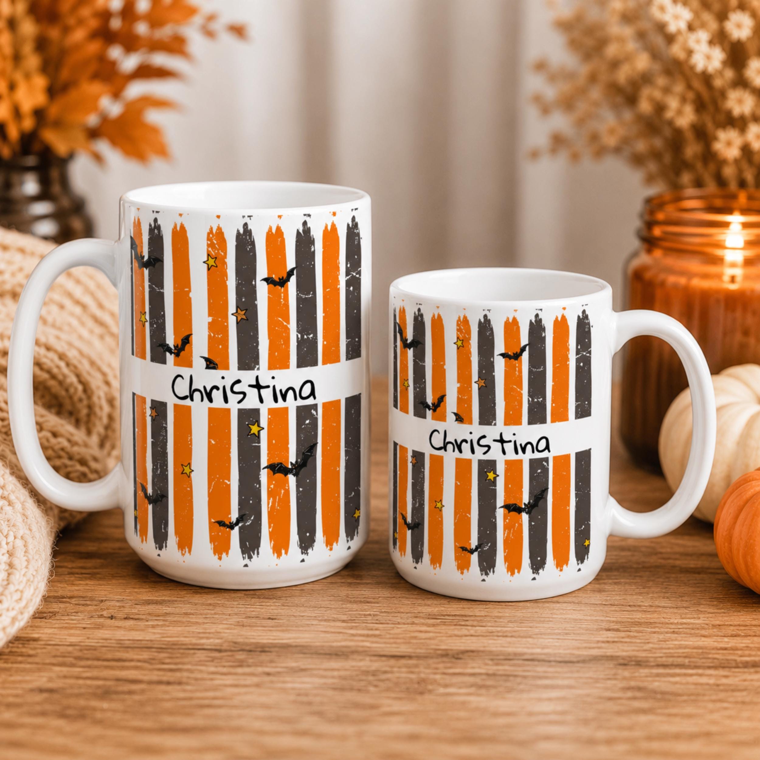 Seasonal Halloween Celebration Mug Personalized Name Custom Ceramic Coffee Cup Orange Black Stripe Pattern Bat Design Stars Perfect Autumn Gift Spooky Season Drinkware Party Favor Hostess Present Kitchen Essential Dishwasher Safe Microwave