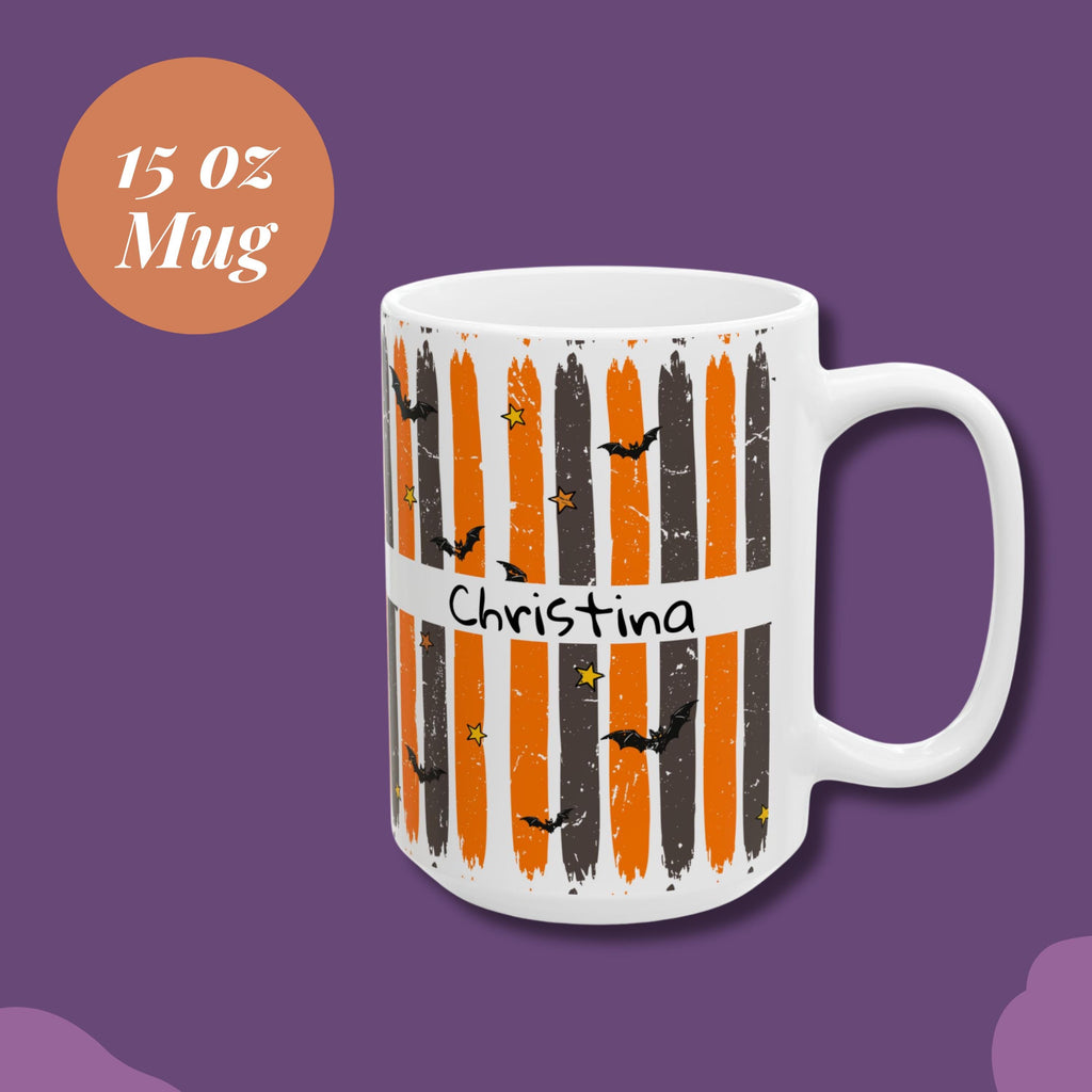 Ceramic Halloween Drinkware Personalized Name Mug Custom Coffee Cup Orange Black Stripe Pattern Bat Design Halloween Theme Perfect Seasonal Gift Party Favor Kitchen Essential Dishwasher Safe Microwave Safe Daily Use Autumn Celebration