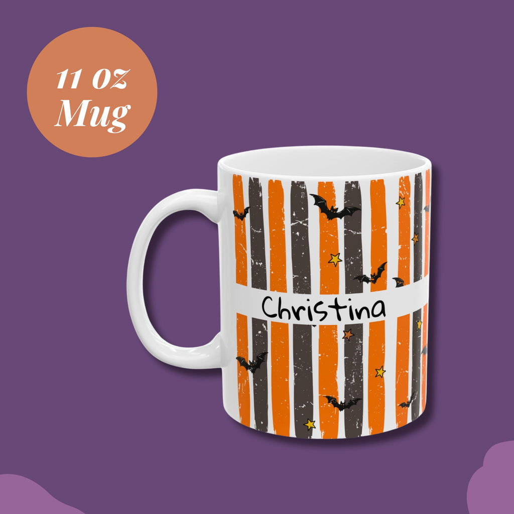 Custom Name Halloween Mug Personalized Ceramic Coffee Cup Perfect Party Favor Gift Orange Black Stripe Design Bat Silhouettes Stars Decorative Banner Spooky Season Drinkware Dishwasher Safe Microwave Safe Kitchen Essential Autumn