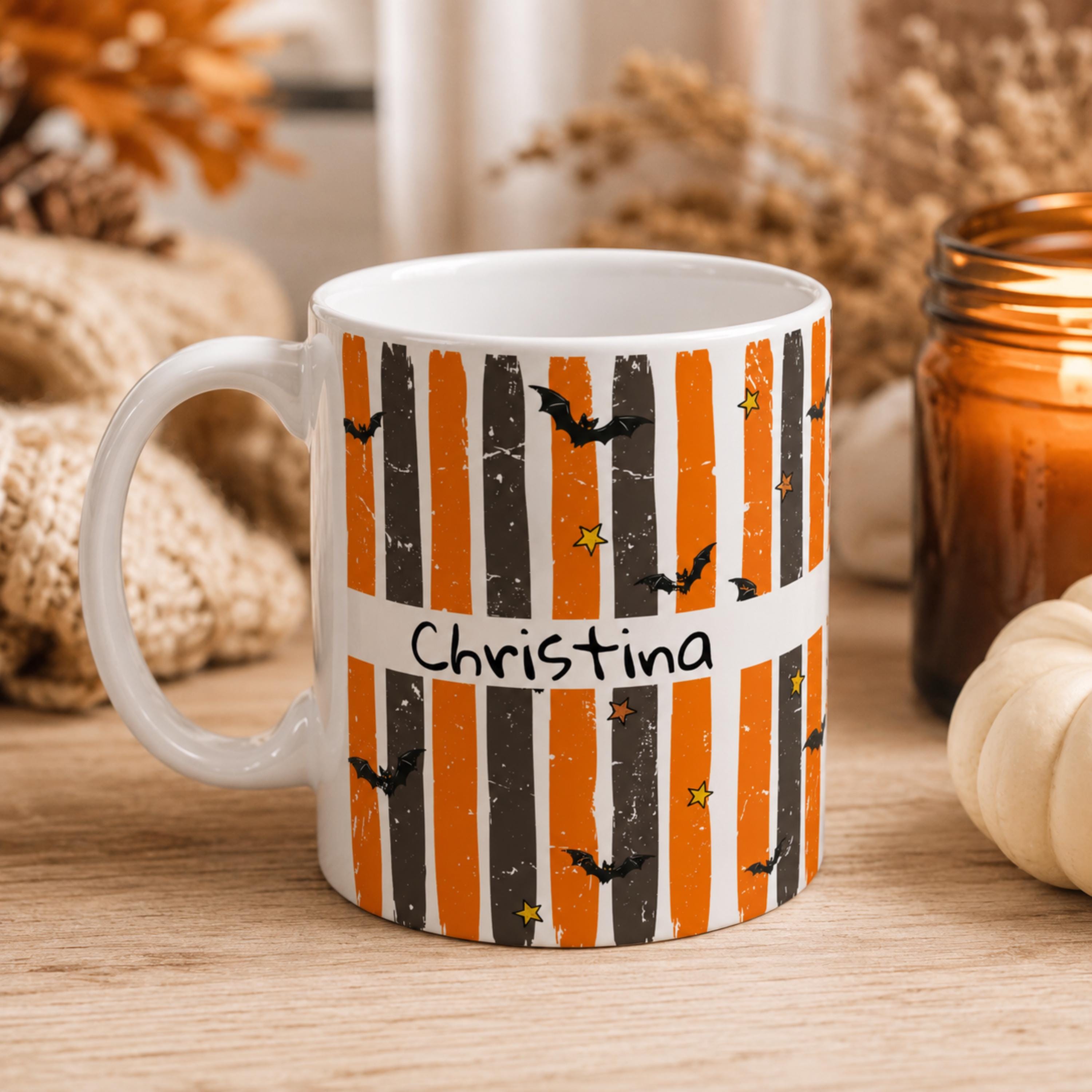 Custom Name Coffee Mug Halloween Design Personalized Ceramic Drinkware Orange Stripe Pattern Bat Motif Star Details Dishwasher Safe Microwave Safe Gift Idea Seasonal Party Favor Festive Kitchen Essential Autumn Holiday Celebration Present