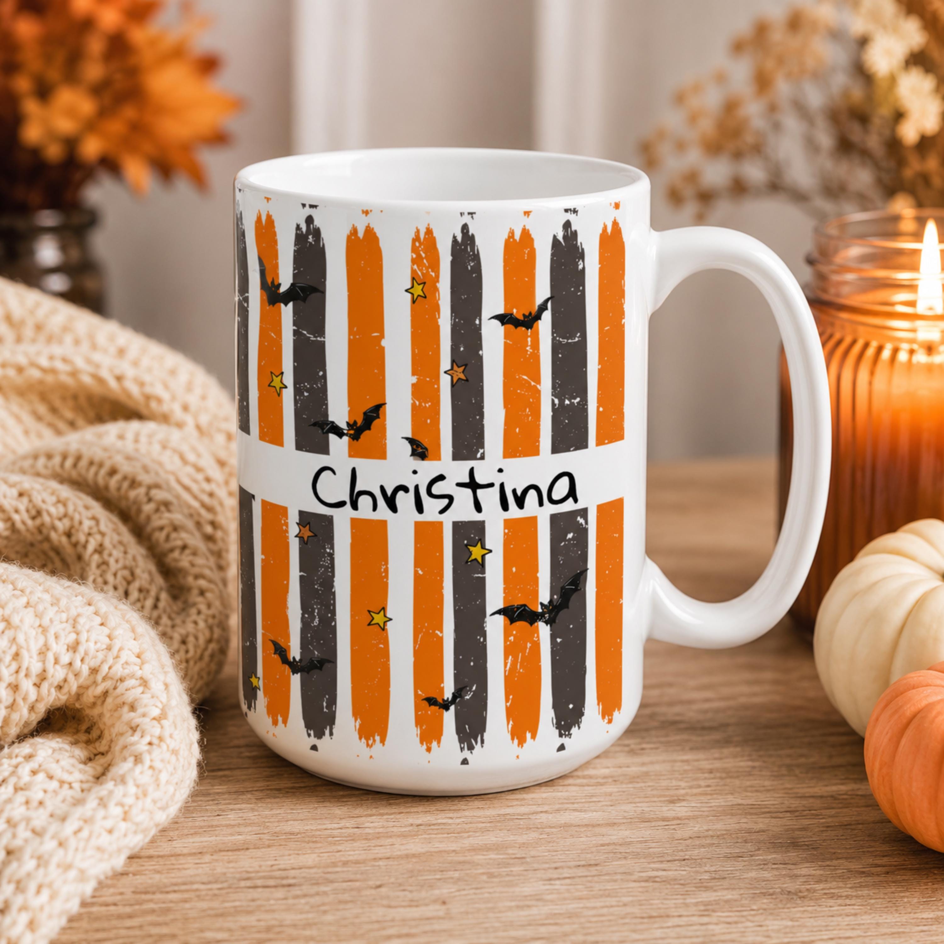 Festive Halloween Mug Personalized Name Coffee Cup Custom Ceramic Drinkware Orange Stripe Design Bat Motif Star Pattern Dishwasher Safe Microwave Safe Seasonal Gift Idea Party Favor Kitchen Essential Autumn Celebration Present Holiday Home