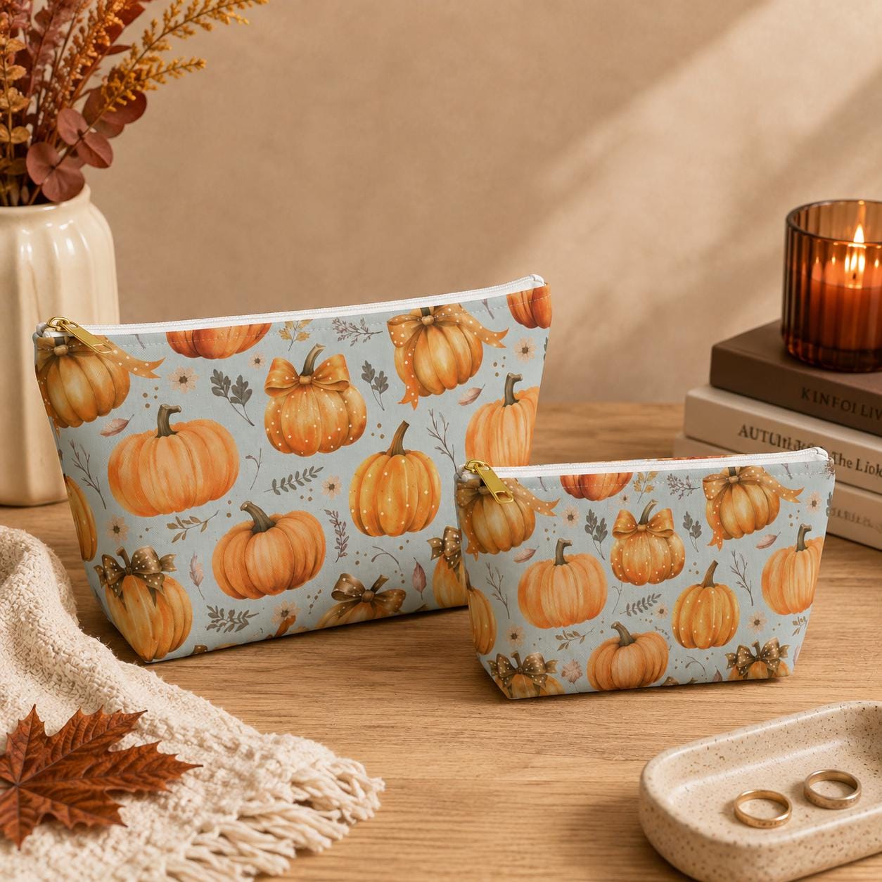 Coquette Pumpkin Makeup Bag-Fall Cosmetic & Travel Zipper Pouch