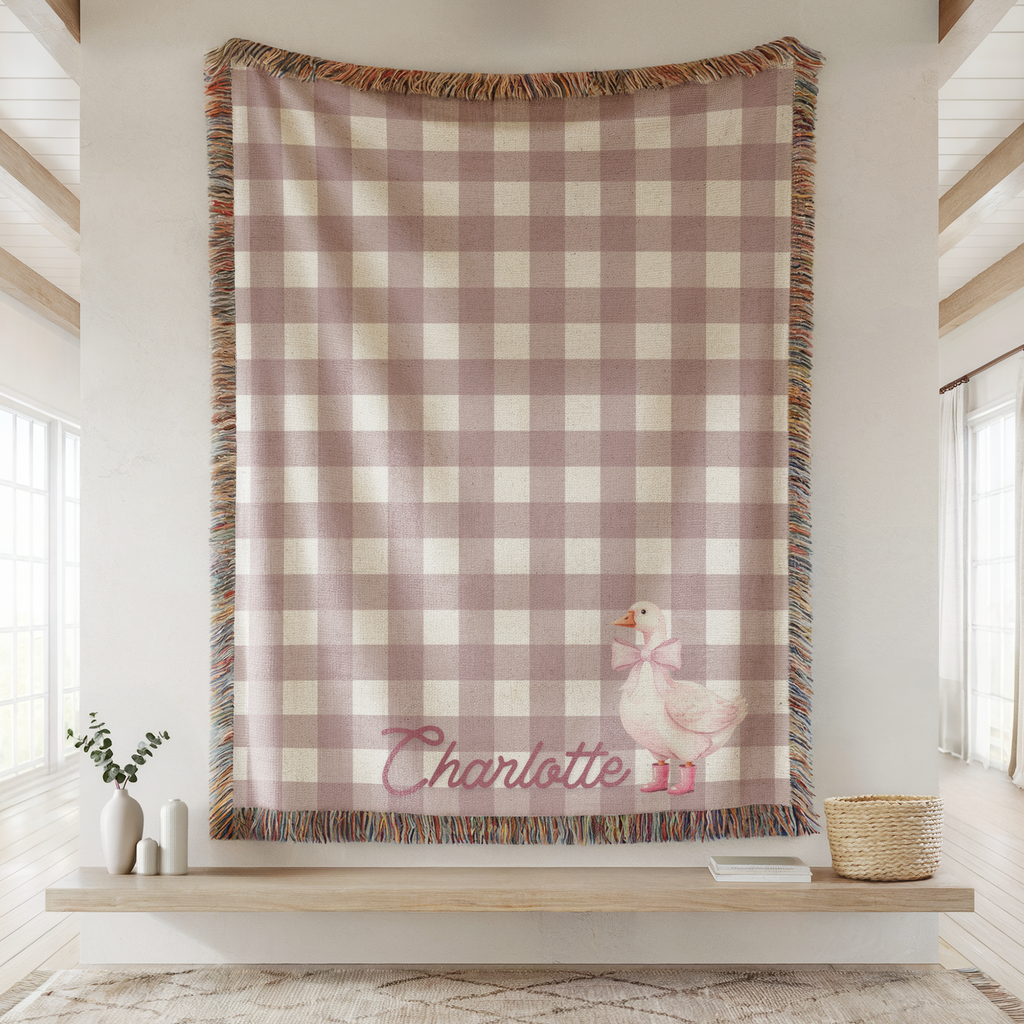 Custom Name Baby Blanket Girl Personalized Embroidery Pink Gingham Check Pattern Watercolor Goose Illustration Soft Cotton Woven Construction Colorful Fringe Edges Baby Shower Gift Essential Newborn Present Nursery Bedding Collection