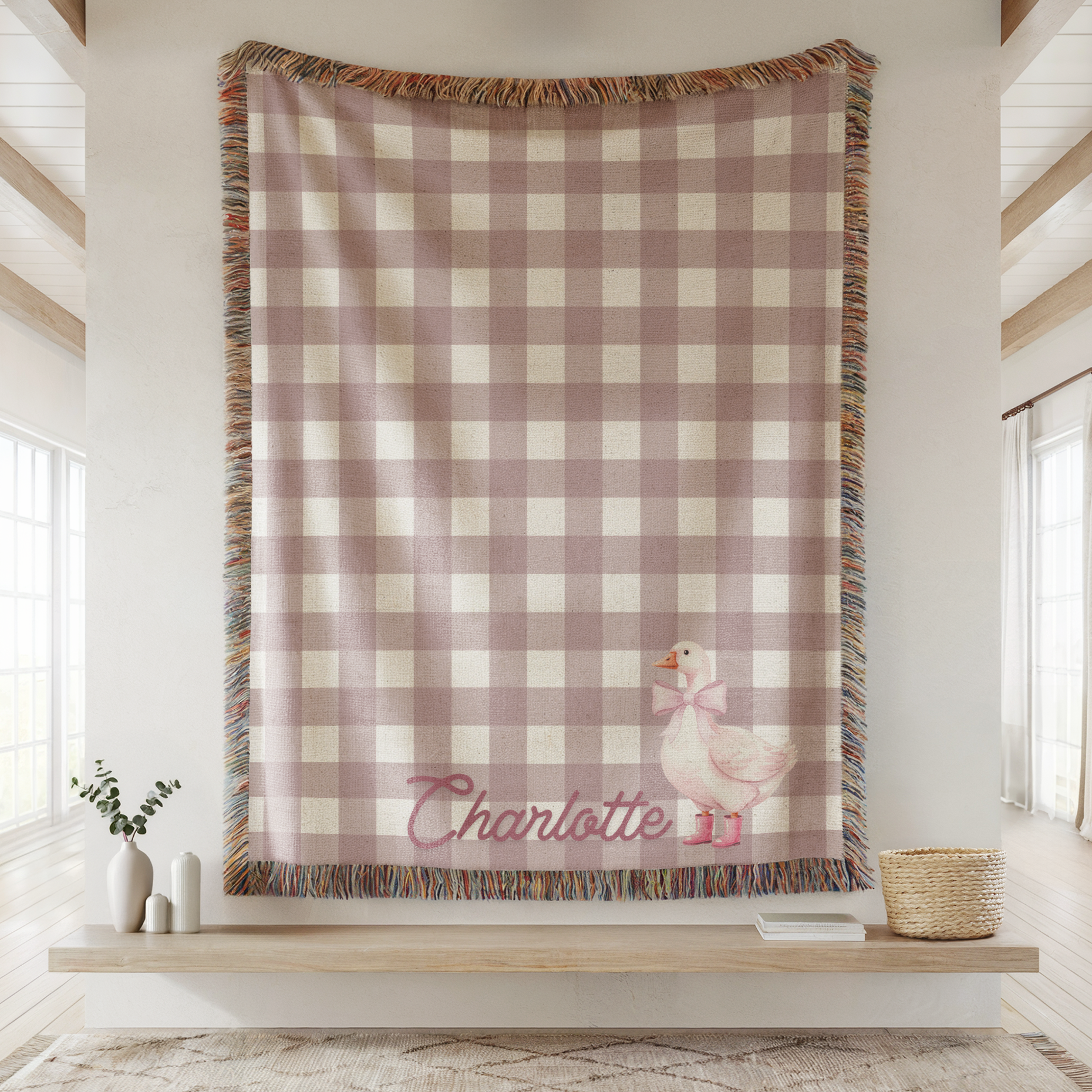 Custom Name Baby Blanket Girl Personalized Embroidery Pink Gingham Check Pattern Watercolor Goose Illustration Soft Cotton Woven Construction Colorful Fringe Edges Baby Shower Gift Essential Newborn Present Nursery Bedding Collection